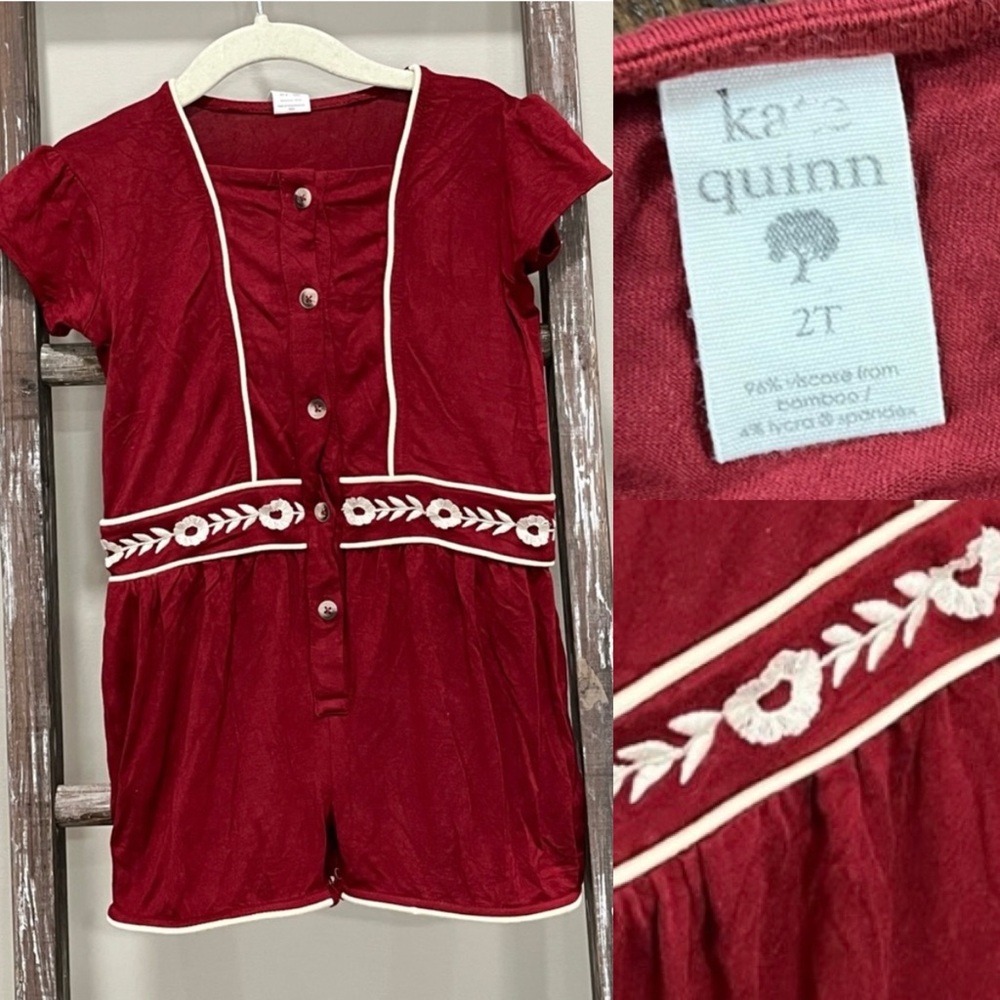 Kate Quinn Embroderied Bamboo Romper Christmas Holiday Red Embroidered